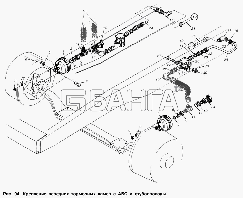 МАЗ МАЗ-53363 Схема Крепление передних тормозных камер с АБС-151