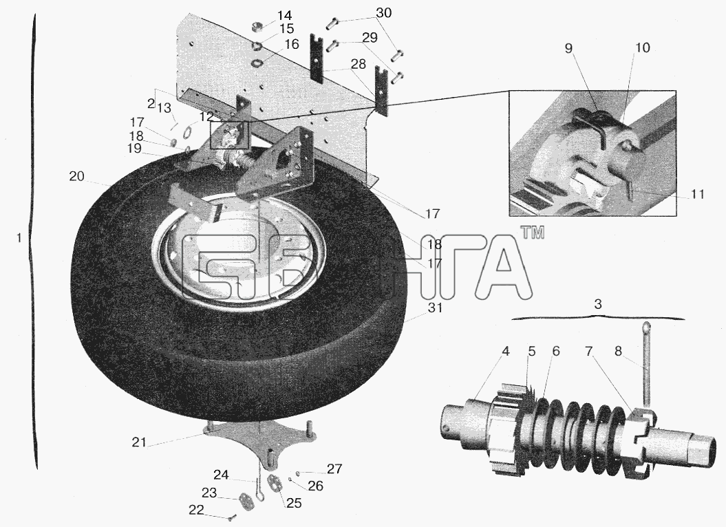 МАЗ МАЗ-6422 Схема Установка запасного колеса МАЗ-555102 banga.ua