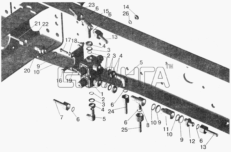 МАЗ МАЗ-6422 Схема Крепление четырехконтурного клапана banga.ua