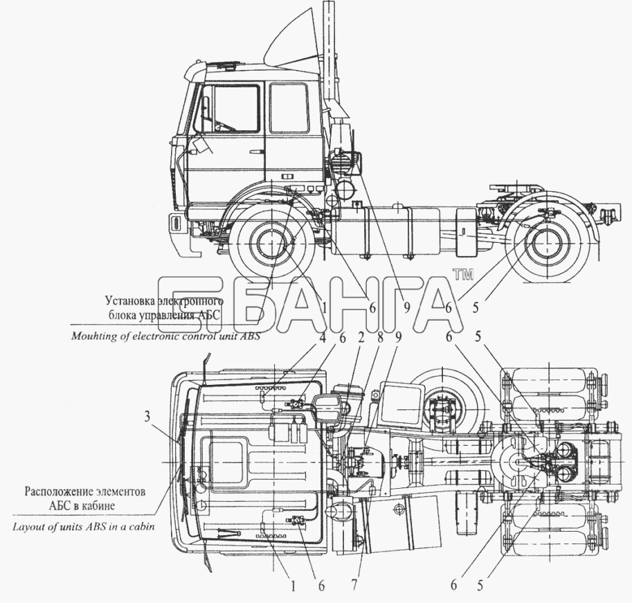 МАЗ МАЗ-6422 Схема Установка элементов электрооборудования АБС