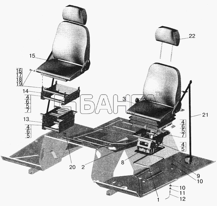МАЗ МАЗ-6422 Схема Установка и пневмопитание сидений banga.ua