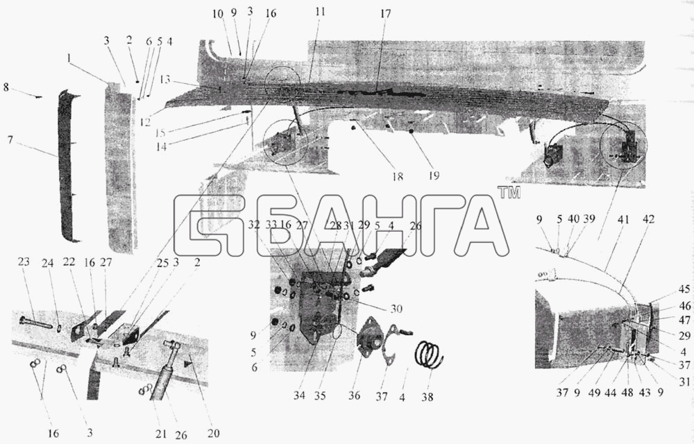 МАЗ МАЗ-643068 Схема Установка облицовки и боковых щитков-28 banga.ua