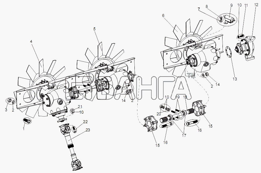 МАЗ МАЗ-74131 Схема Установка редукторов привода вентиляторов-38