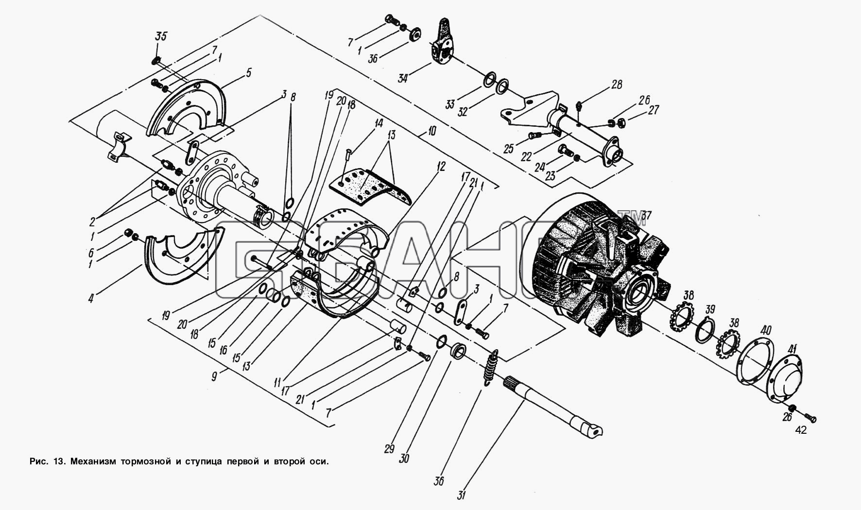 МАЗ МАЗ-93892 Схема Механизм тормозной и ступица первой и второй