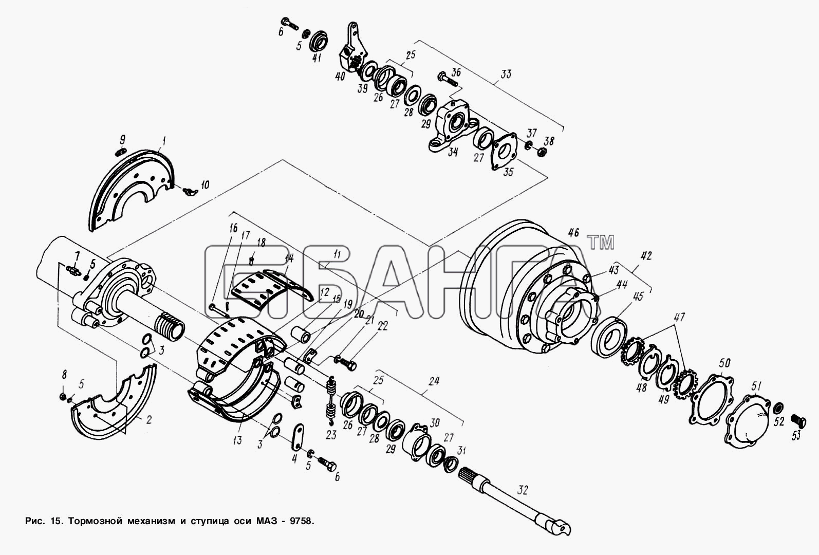 МАЗ МАЗ-9758 Схема Тормозной механизм и ступица оси МАЗ-9758-29