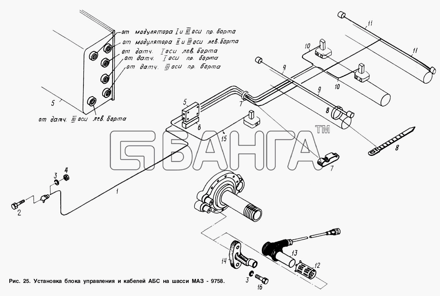 МАЗ МАЗ-9758 Схема Установка блока управления и кабелей АБС на