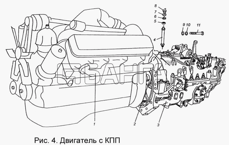 МАЗ КПП МАЗ-543205-070 Схема Двигатель с КПП-6 banga.ua