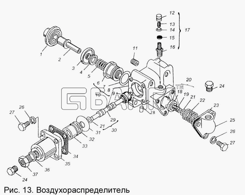 МАЗ КПП МАЗ-543205-070 Схема Воздухораспределитель-15 banga.ua