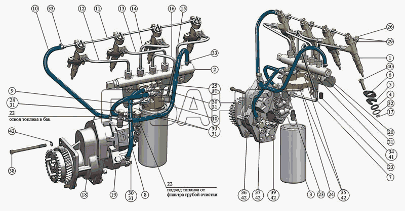 ММЗ Д-245.S3A Схема Топливные трубопроводы и установка топливной