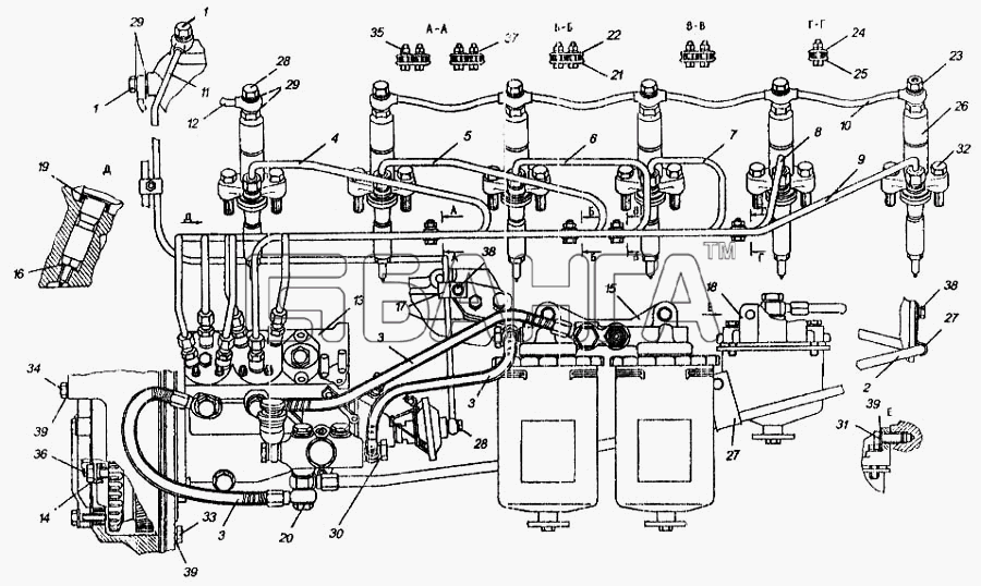 ММЗ Д-260.1 Схема Топливные трубопроводы и установка топливной