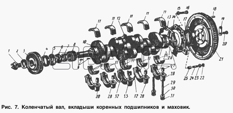 АЗЛК Москвич-2140 Схема Коленчатый вал вкладыши коренных подшипников