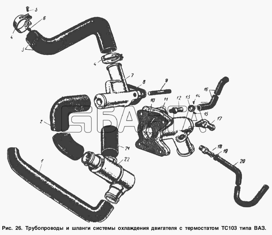 АЗЛК Москвич-2140 Схема Трубопроводы и шланги системы охлаждения