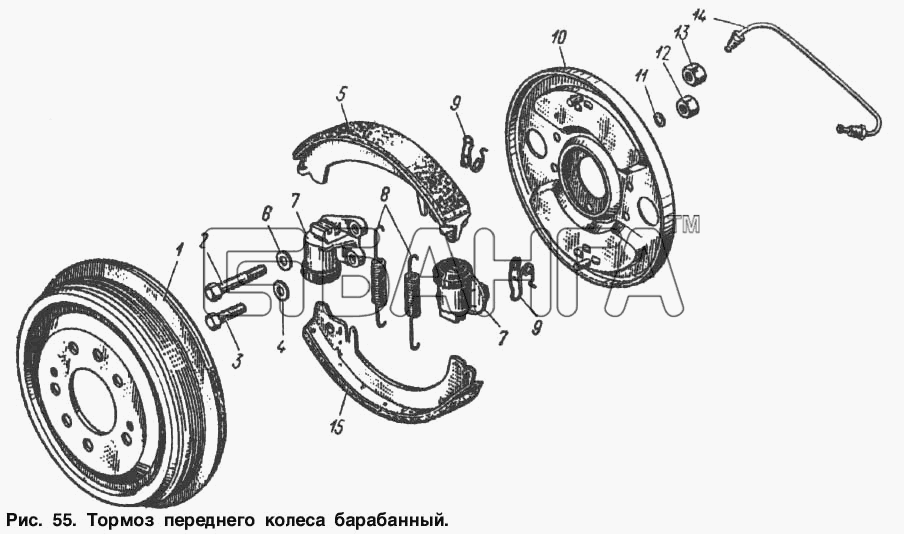 АЗЛК Москвич-2137 Схема Тормоз переднего колеса барабанный-139