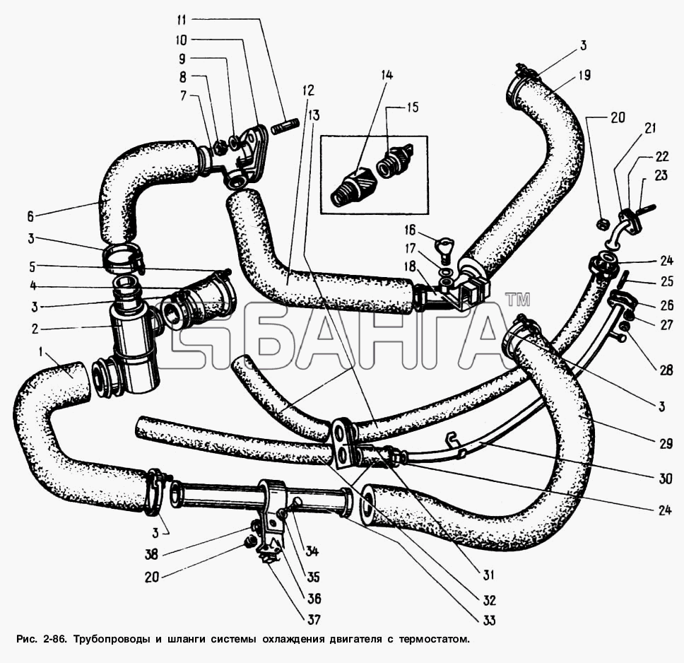 АЗЛК Москвич-2141 Схема Трубопроводы и шланги системы охлаждения