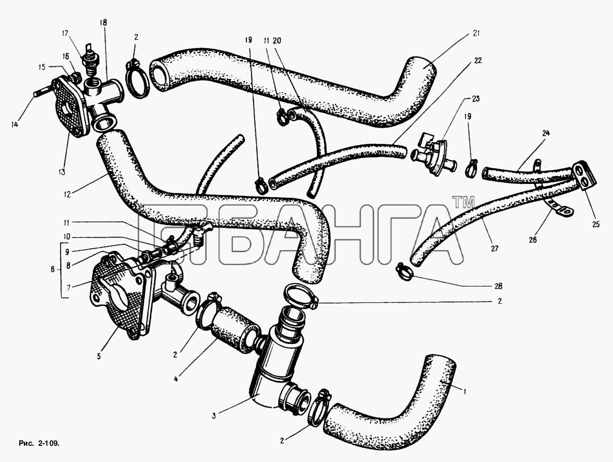 АЗЛК Москвич-2141 Схема Трубопроводы и шланги системы охлаждения