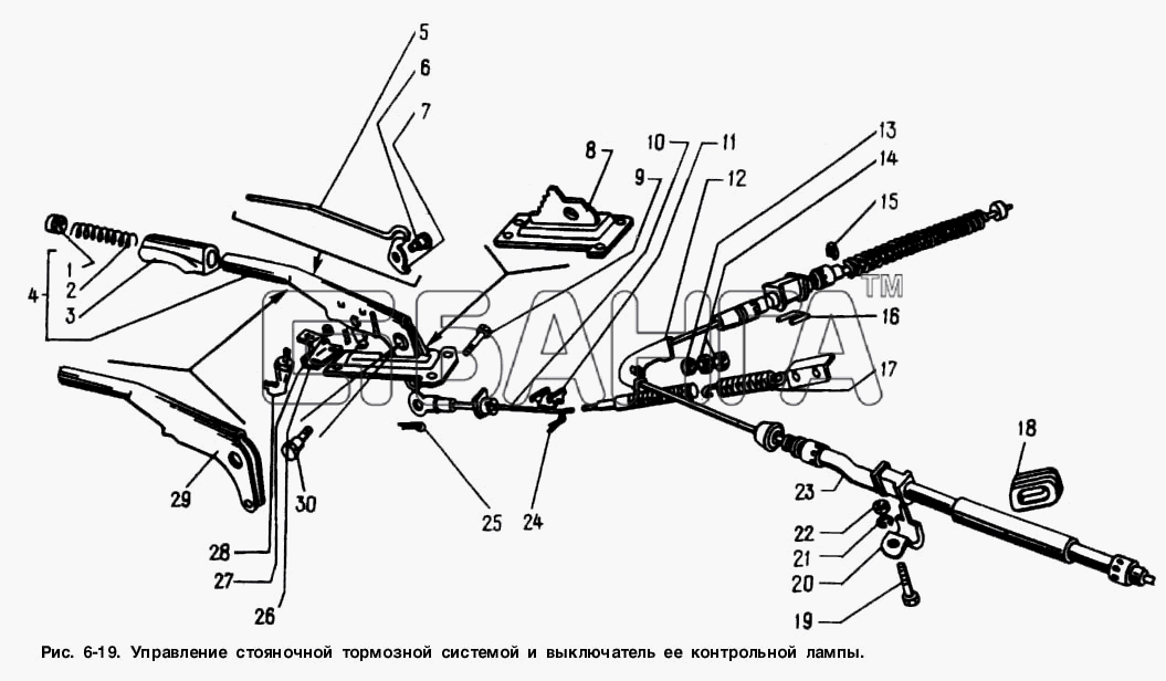АЗЛК Москвич-2141 Схема Управление стояночной тормозной системой и