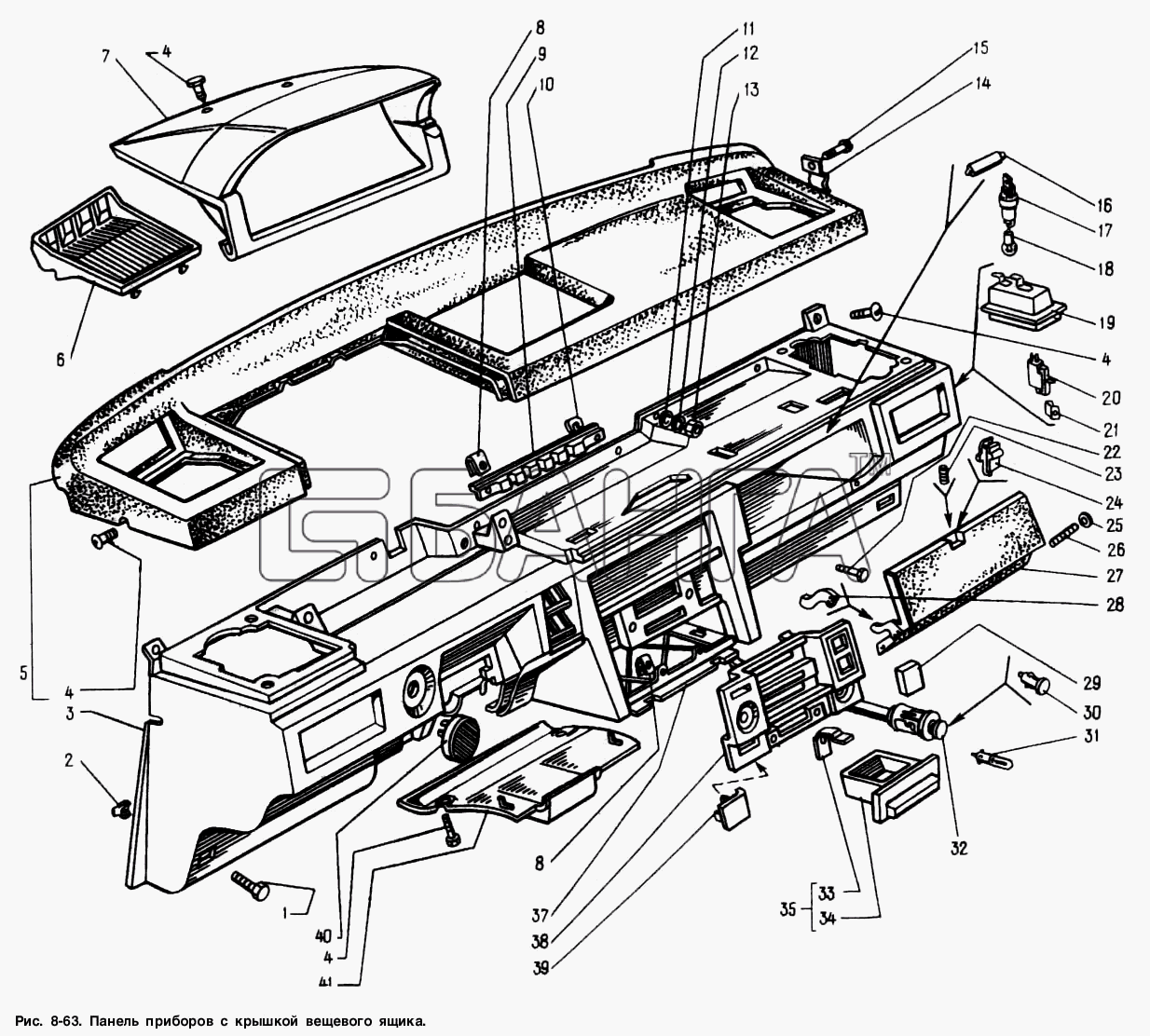АЗЛК Москвич-2141 Схема Панель приборов с крышкой вещевого ящика-14