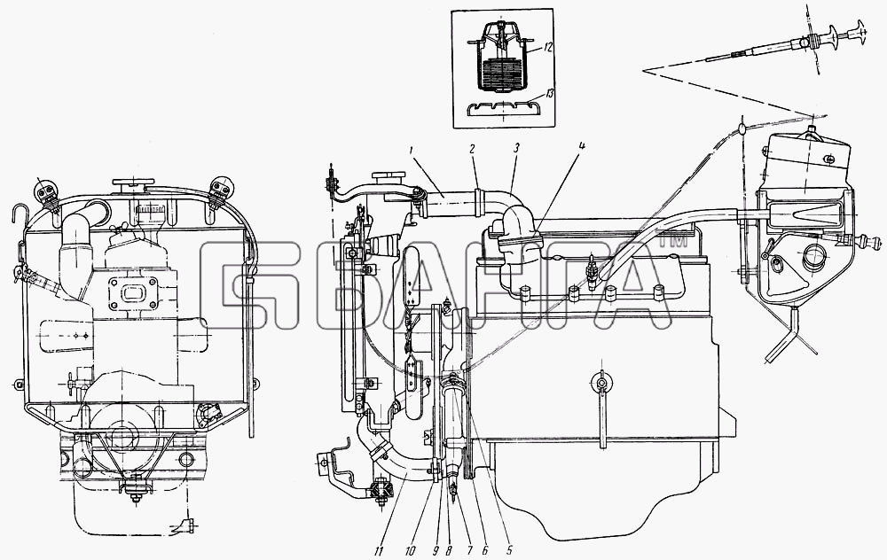 АЗЛК Москвич-407 Схема Трубопроводы шланги и термостат системы