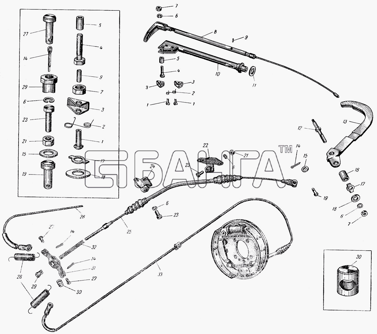 АЗЛК Москвич-407 Схема Ручной механический привод тормозов-135