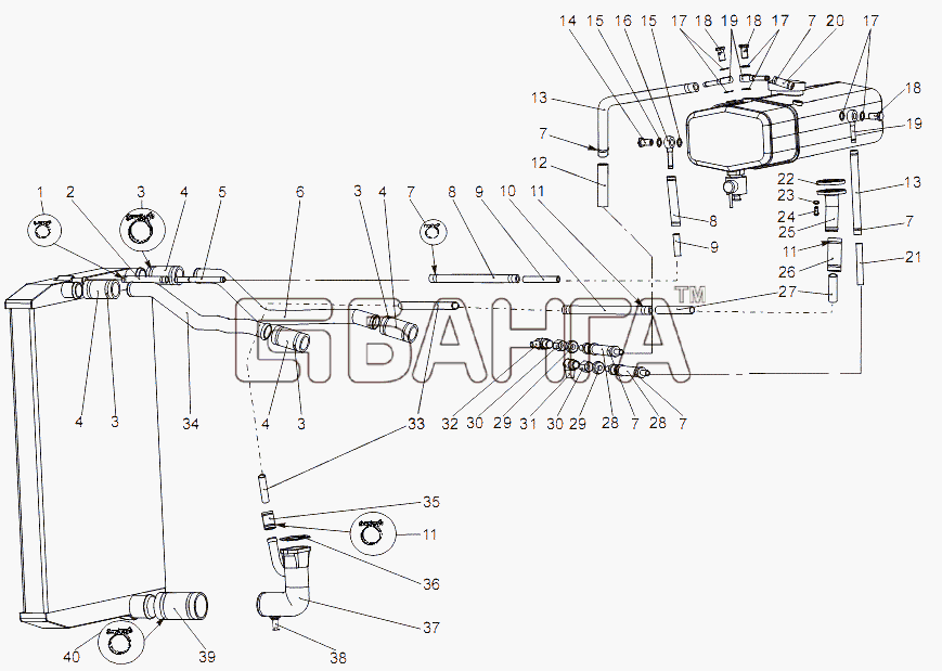 МЗКТ МЗКТ-65151 Волат Схема Установка трубопроводов системы охлаждения