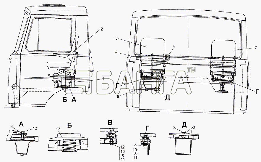 МЗКТ МЗКТ-65151 Волат Схема Установка сидений (Торсионная подвеска