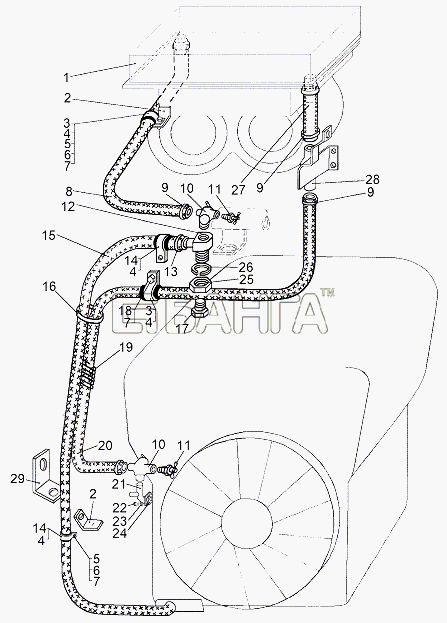 МЗКТ МЗКТ-65151 Волат Схема Установка трубопроводов отопителя-19