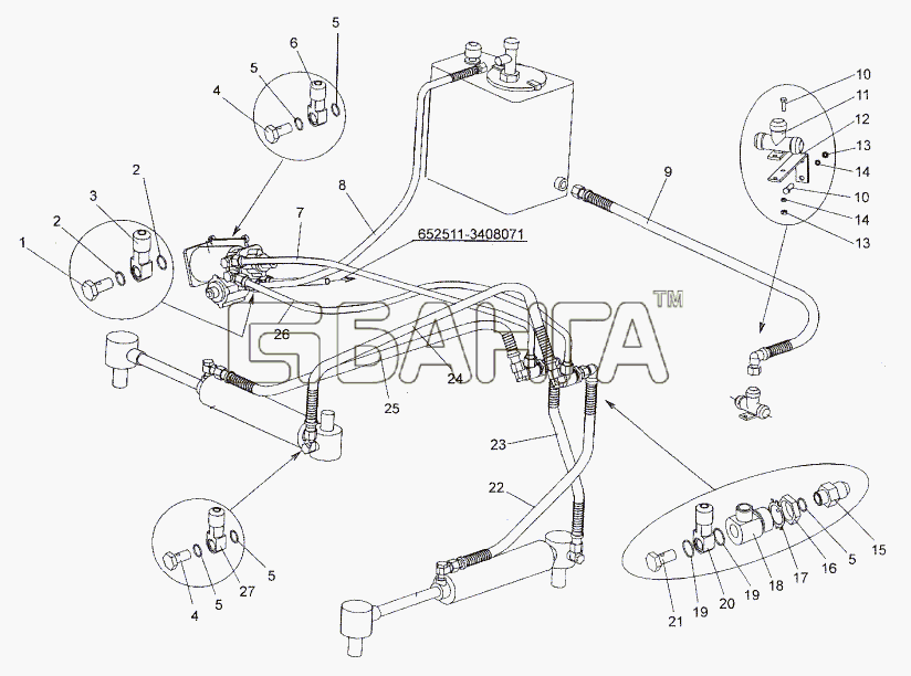 МЗКТ МЗКТ-652511 Схема Трубопроводы и шланги рулевого механизма-212