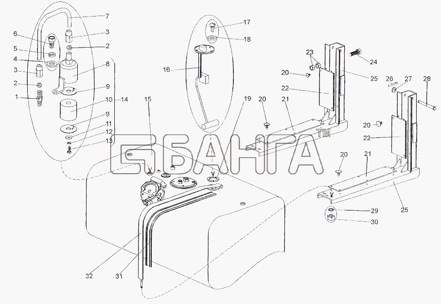 МЗКТ МЗКТ-79011 Схема Установка нижнего топливного бака-95 banga.ua