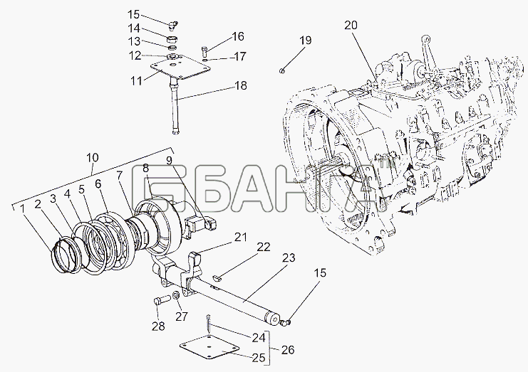 МЗКТ МЗКТ-79011 Схема Коробка передач с деталями выключения banga.ua