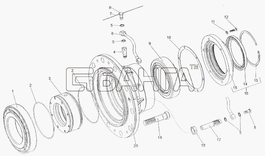 МЗКТ МЗКТ-6527 Схема Ступица колеса с подшипниками banga.ua