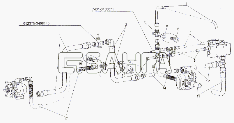 МЗКТ МЗКТ-7401 Схема Трубопроводы и шланги блока клапанов и banga.ua