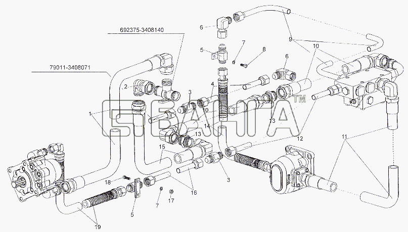 МЗКТ МЗКТ-79011 Схема Трубопроводы и шланги блока клапанов и banga.ua