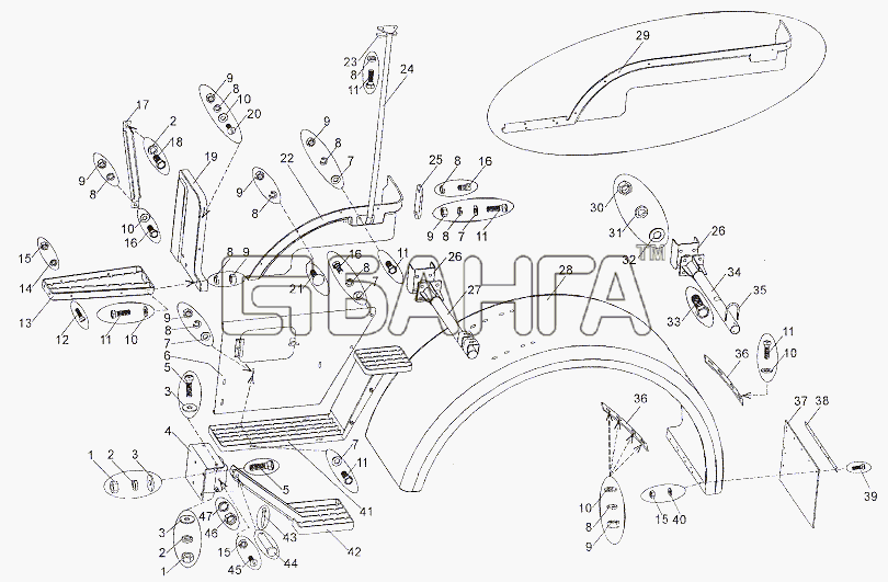 МЗКТ МЗКТ-7402 Схема Установка подножек и крыльев-33 banga.ua