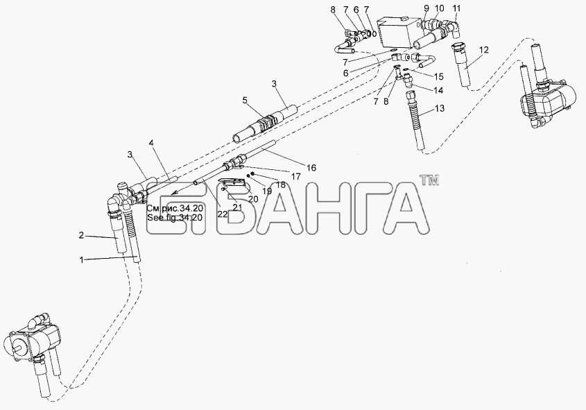 МЗКТ МЗКТ-74171 Схема Трубопроводы и шланги блока клапанов и banga.ua