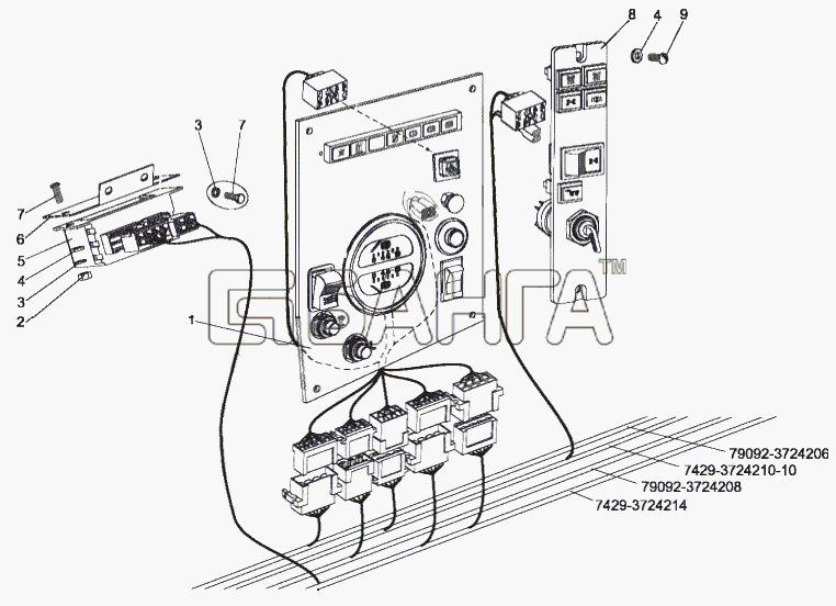 МЗКТ МЗКТ-79097 Схема Установка панели приборов шасси и панели