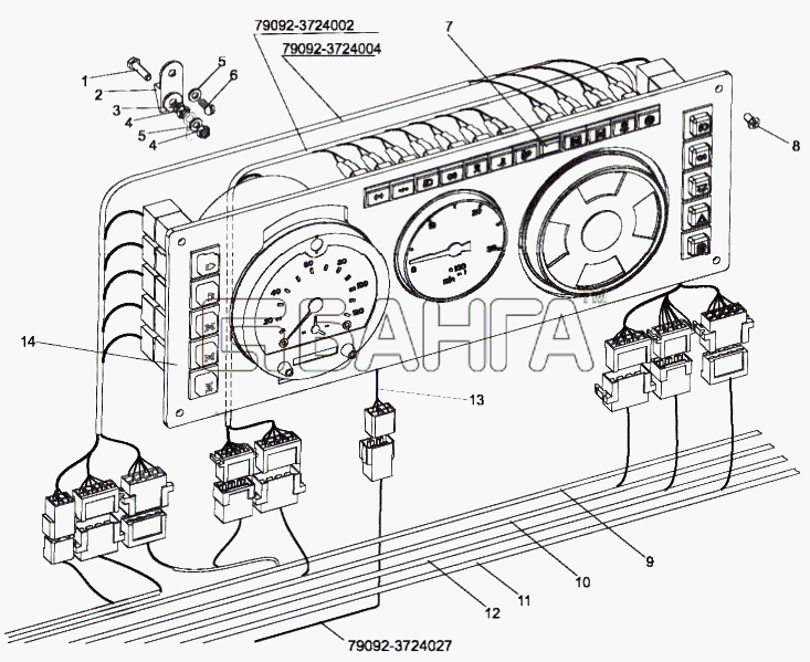 МЗКТ МЗКТ-79092 (нов.) Схема Установка панели приборов двигателя-281