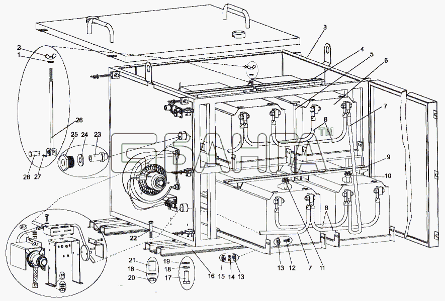 МЗКТ МЗКТ-79091 Схема Крепление контейнера и аккумуляторных banga.ua