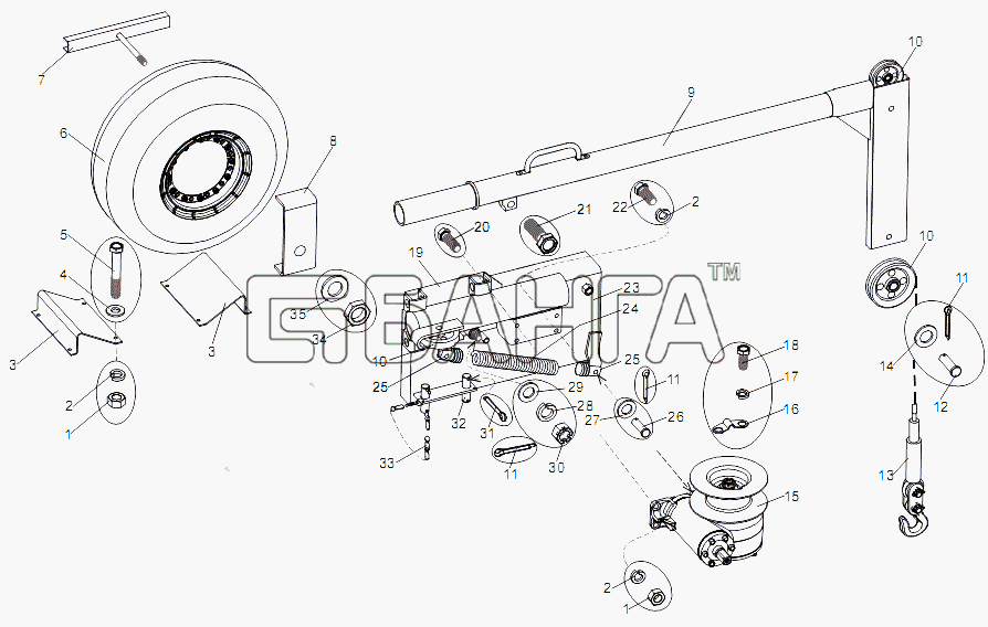 МЗКТ МЗКТ-75165 Схема Установка подъемника запасного колеса-327