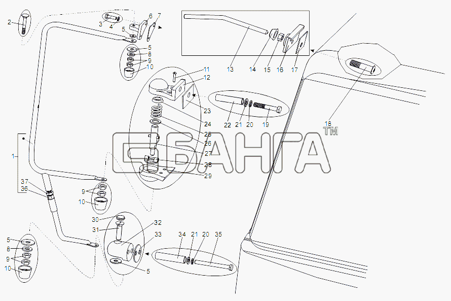 МЗКТ МЗКТ-79092 (нов.) Схема Установка держателей зеркал-16 banga.ua