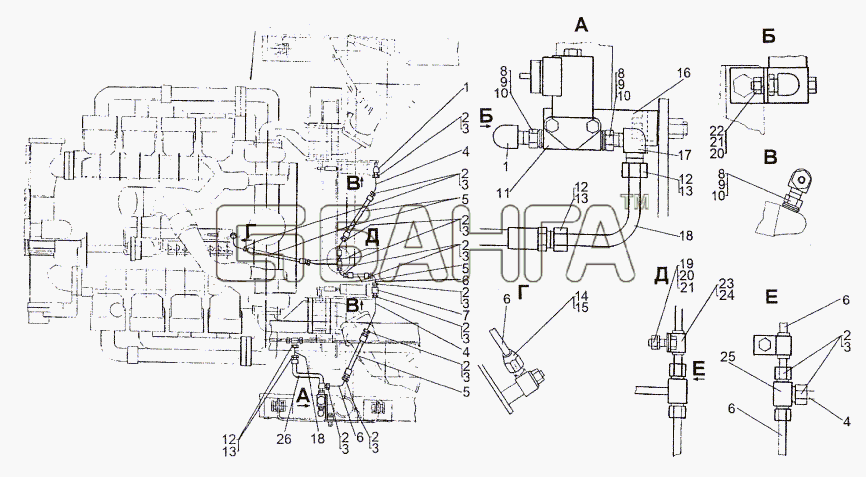 МЗКТ МЗКТ-74296 Схема Установка трубопроводов моторного тормоза-53