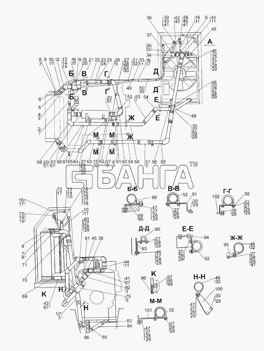 МЗКТ МЗКТ-74296 Схема Установка трубопроводов системы banga.ua
