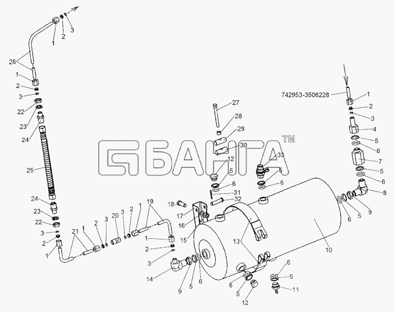 МЗКТ МЗКТ-74296 Схема Установка воздушного баллона стояночного