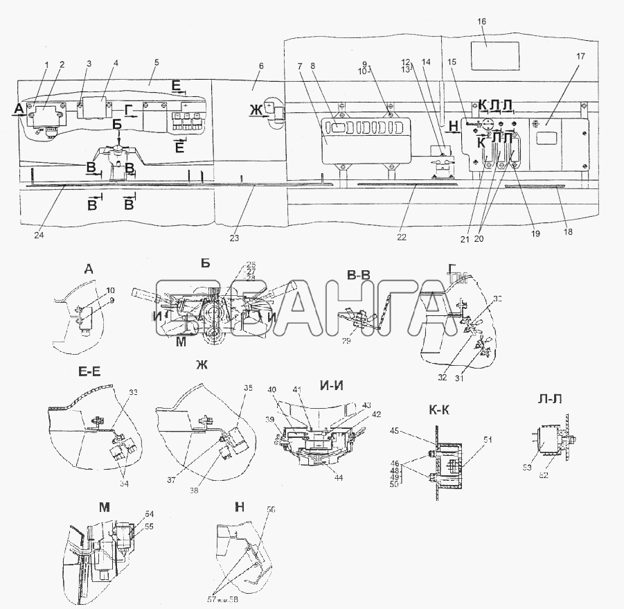 МЗКТ МЗКТ-74296 Схема Установка электрооборудования в кабине-202