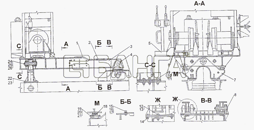 МЗКТ МЗКТ-74296 Схема Установка подрамника и лебедки-211 banga.ua