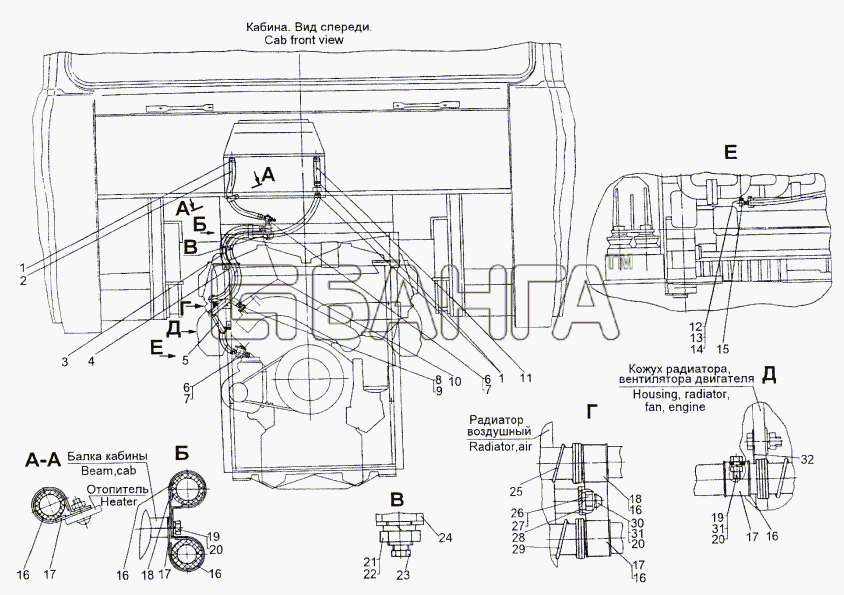 МЗКТ МЗКТ-74296 Схема Установка трубопроводов отопителя кабины-18
