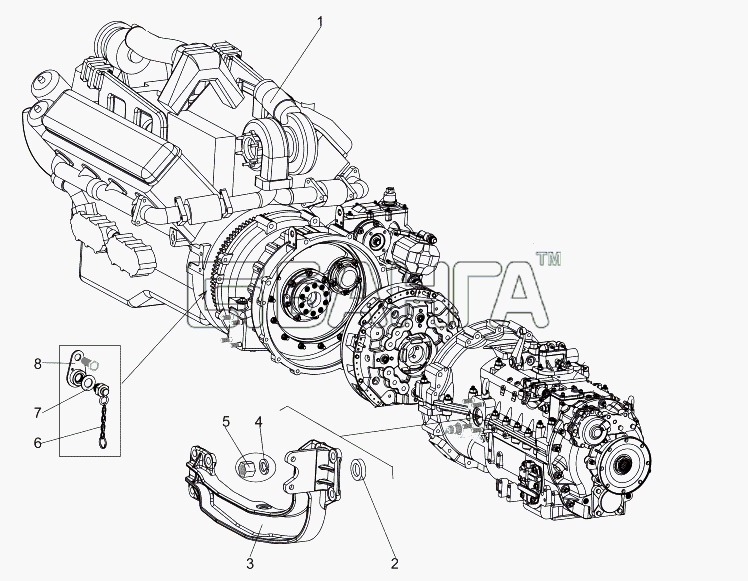 МЗКТ МЗКТ-7930-200 Схема Двигатель в состоянии установки на шасси-75