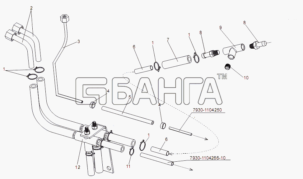 МЗКТ МЗКТ-7930-200 Схема Топливопроводы к двигателю-102 banga.ua