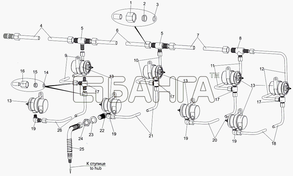 МЗКТ МЗКТ-7930-200 Схема Трубопроводы системы накачки шин-281 banga.ua