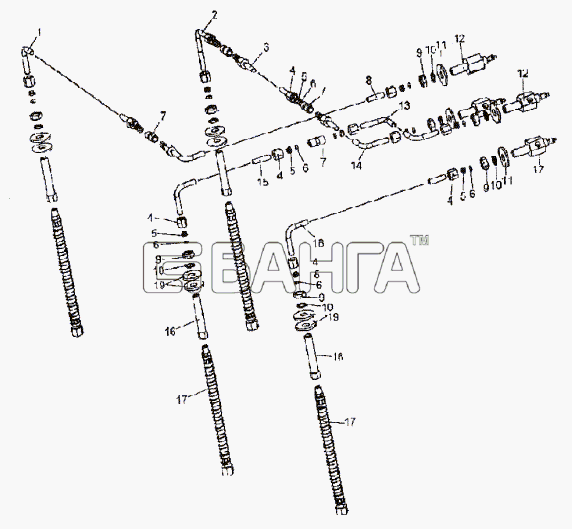 МЗКТ МЗКТ-93782 Схема Установка трубопроводов накачки шин левых