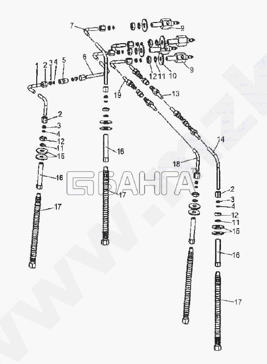 МЗКТ МЗКТ-93782 Схема Установка трубопроводов накачки шин правых